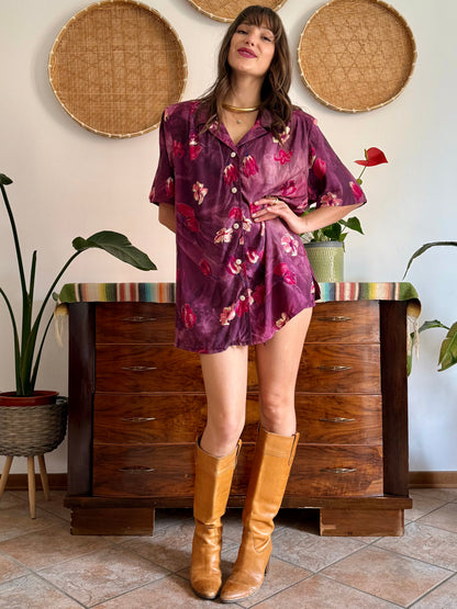 1980’s vintage fucsia and purple multi tonal floral shirt dress