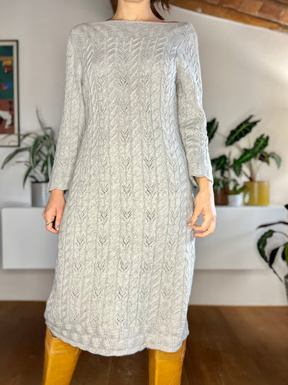 1990's vintage grey wool cable knit midi dress