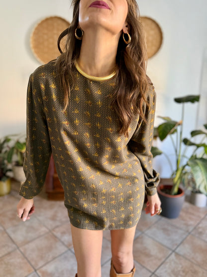 1970’s vintage Emporio Armani dark green, navy and burgundy duck print shirt dress