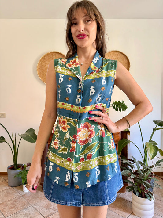 1990’s vintage multicolor floral button down blouse with tie waist