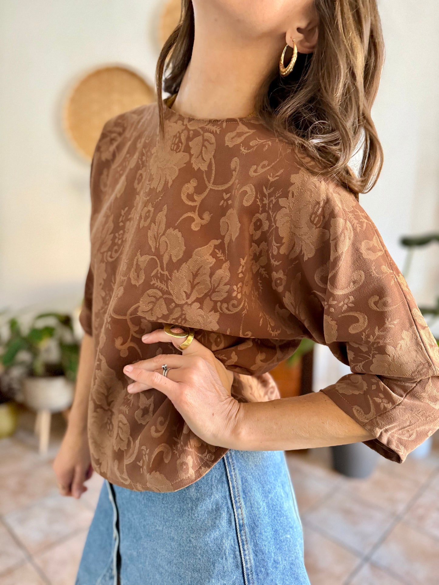 1970's vintage brown woven floral tapestry blouse
