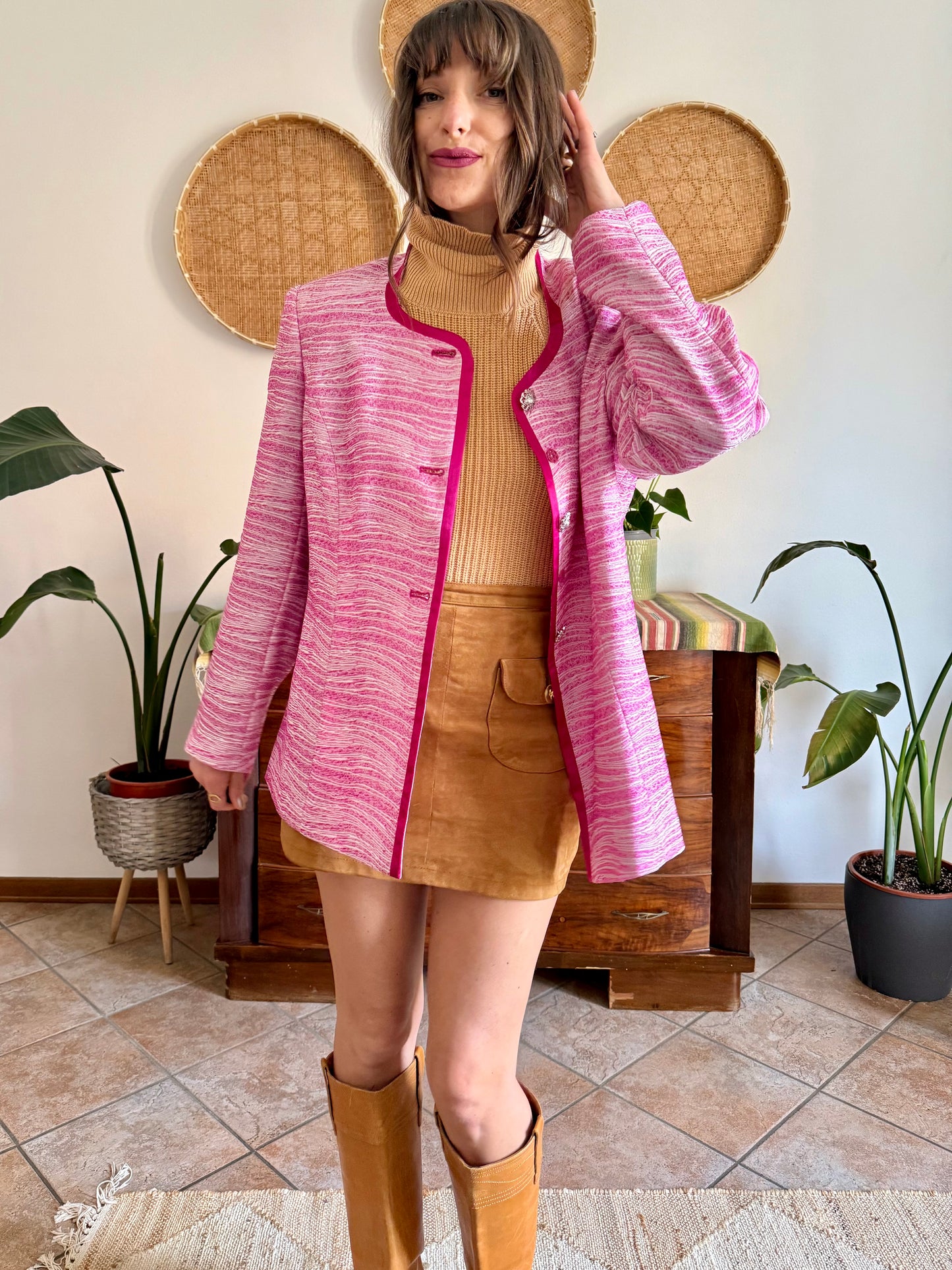 1980’s vintage fuchsia and cream textured woven jacket with rhinestones stone buttons
