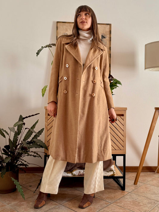 1960's vintage beige tailored wool coat with oversize mother of pearl buttons