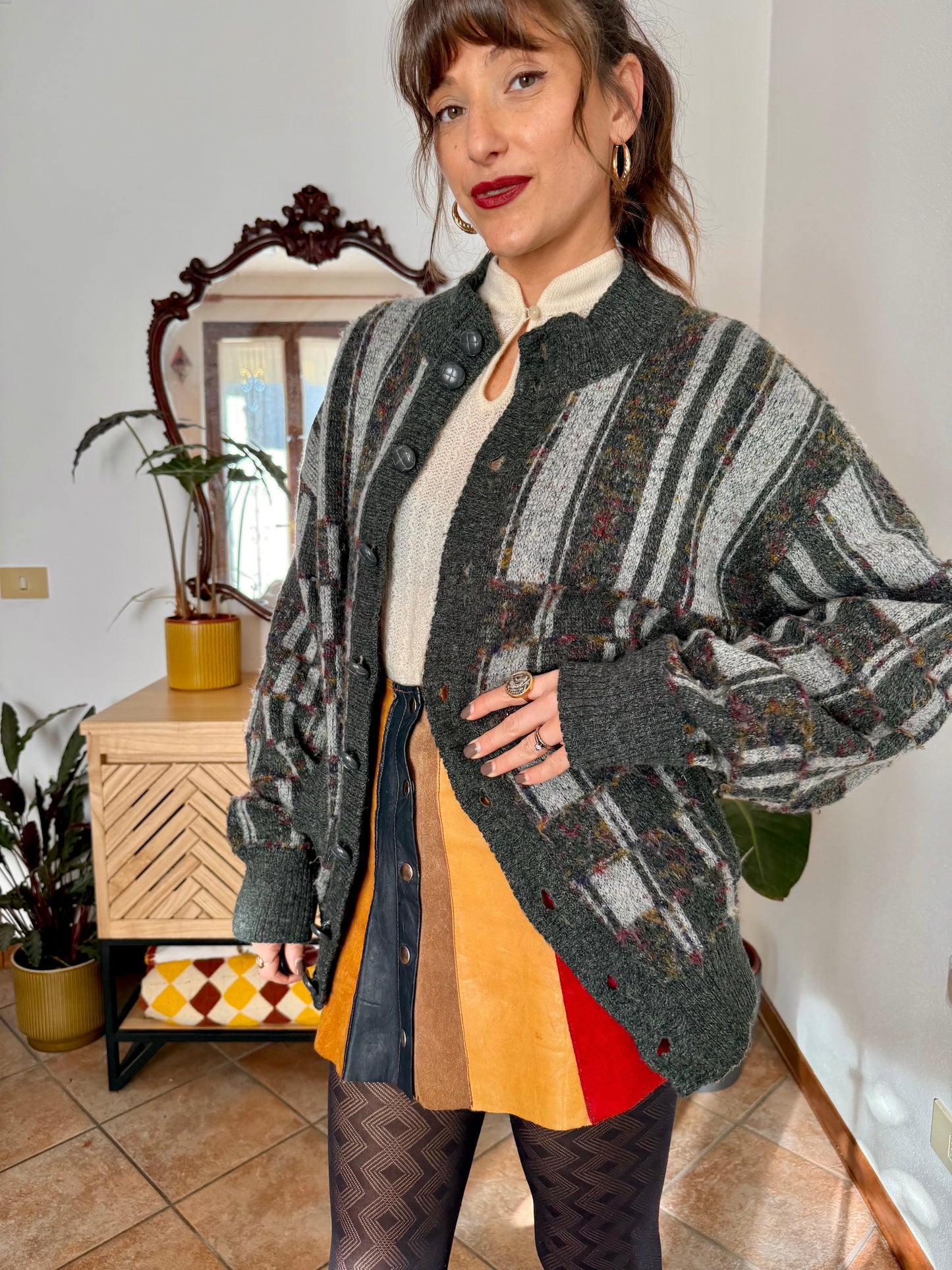 1970’s vintage grey cardigan with burgundy and yellow knit geometric pattern
