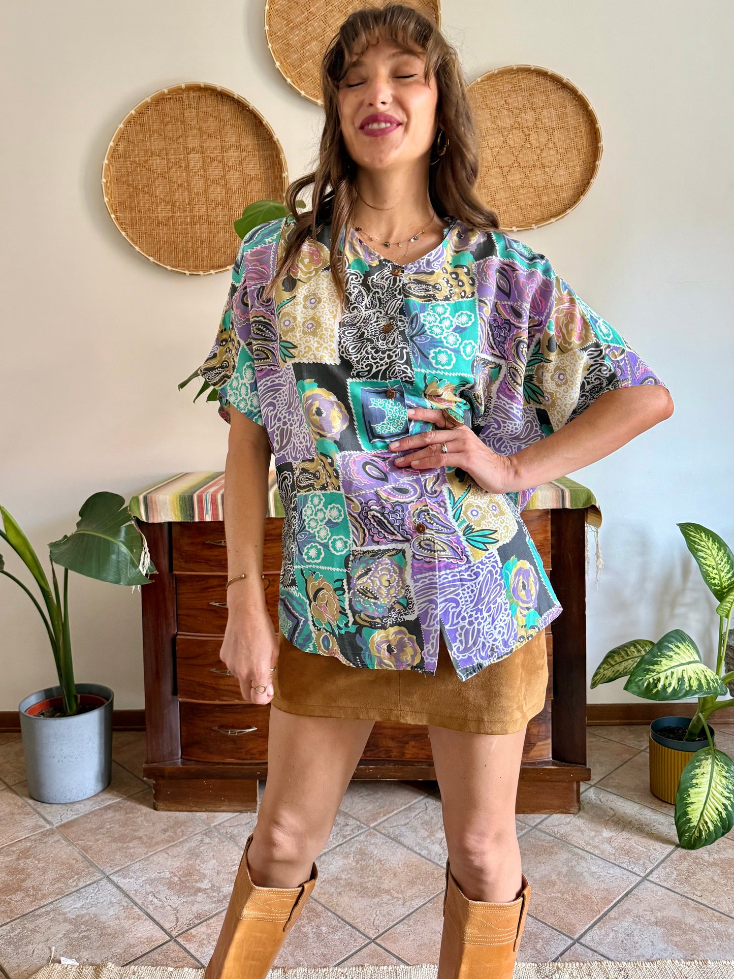 1990’s vintage lilac, turquoise and tan patchwork floral print blouse