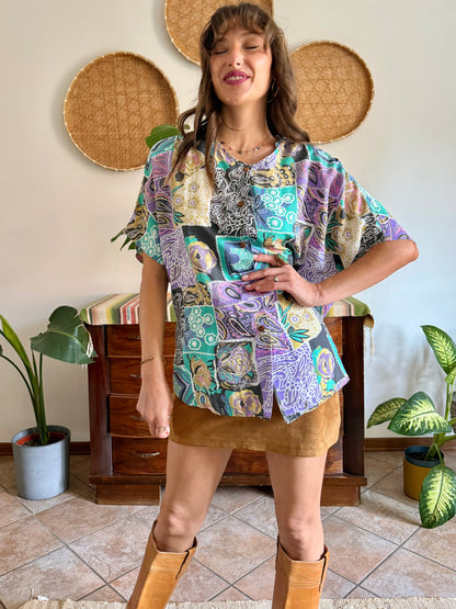 1990’s vintage lilac, turquoise and tan patchwork floral print blouse