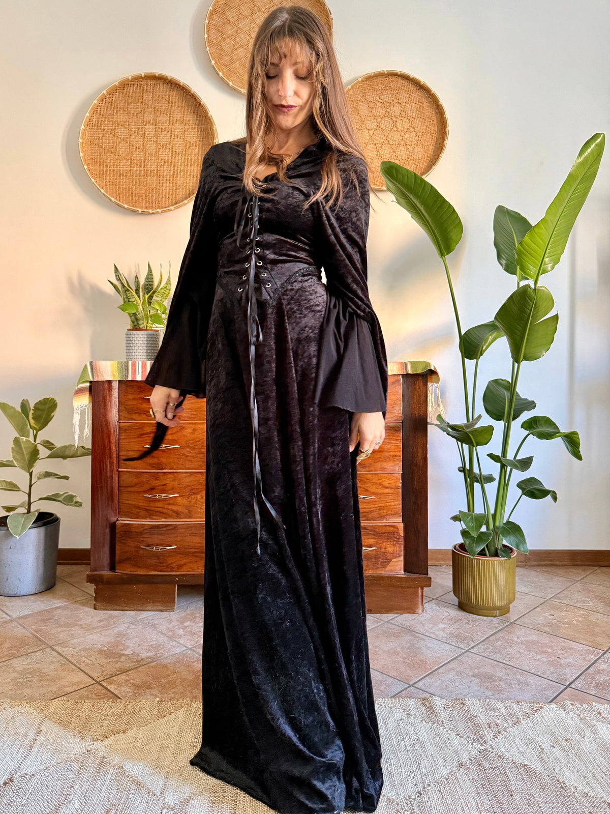 1990’s vintage black lace up bodice gothic velvet maxi dress with bell sleeves