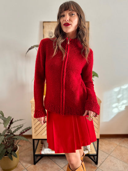 1990’s vintage textured cherry red knit zip up cardigan