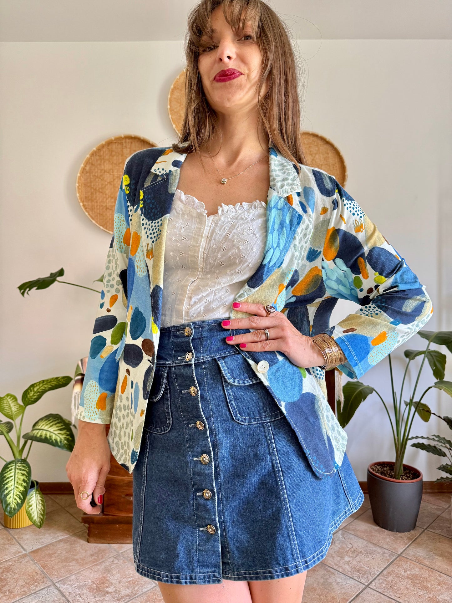 1990’s vintage blue, green and orange abstract print linen jacket