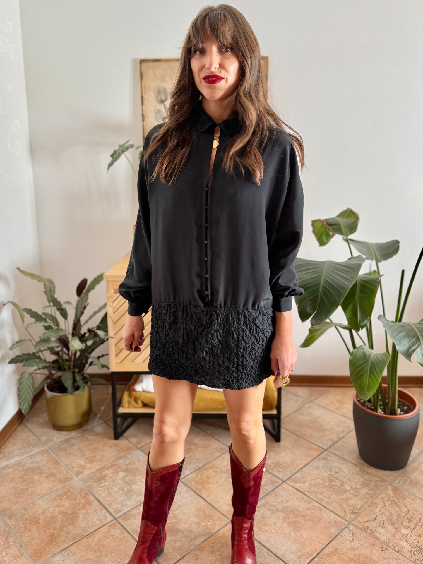 1960’s vintage rouched bottom black satin mini dress