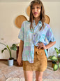 1990’s vintage lilac, turquoise and light blue geometric print blouse