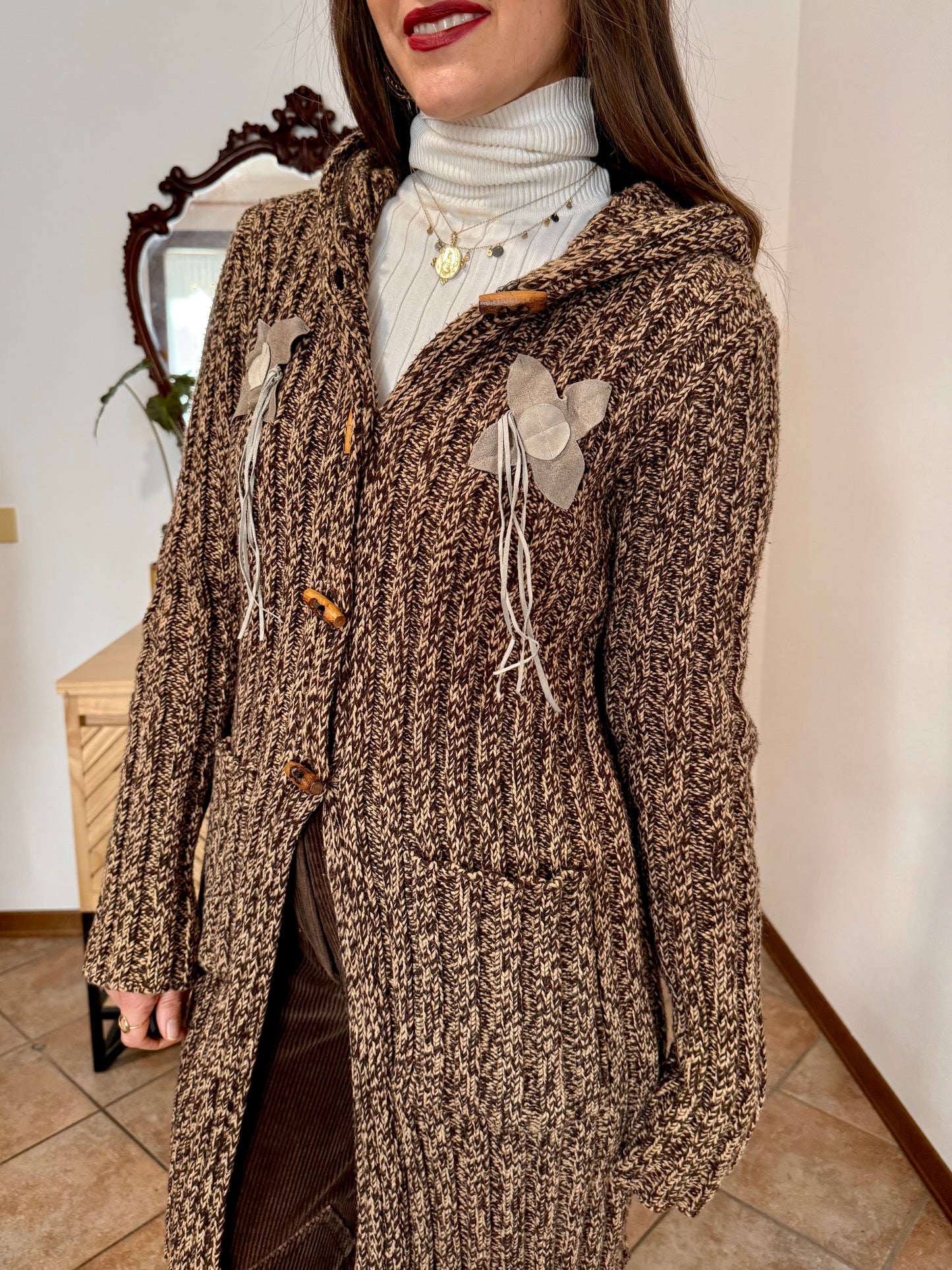 Y2K vintage chocolate brown and tan knit duster cardigan with suede flower details
