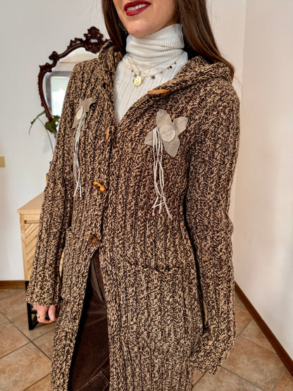 Y2K vintage chocolate brown and tan knit duster cardigan with suede flower details