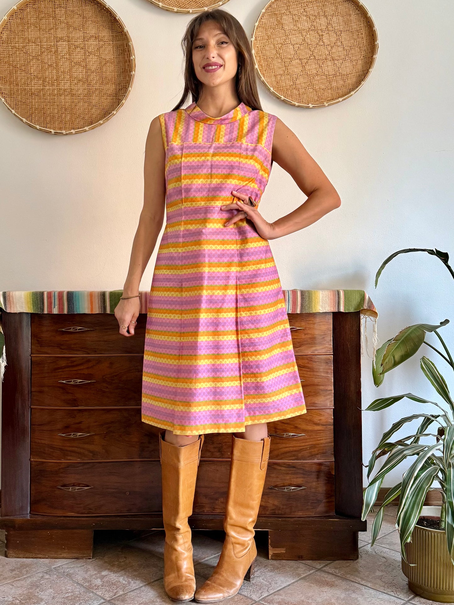 1960’s vintage pink and yellow striped geometric hand block printed midi dress