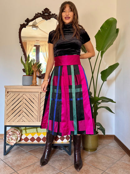 1970’s vintage black, fuchsia,green and blue plaid satin midi skirt