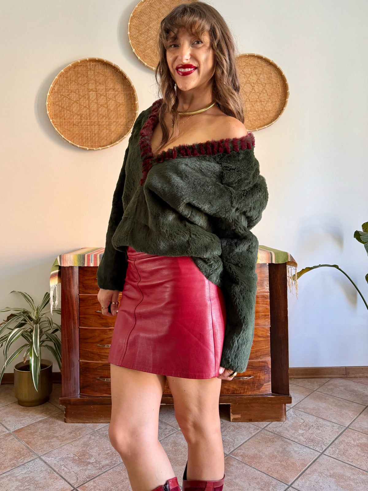 1970's vintage dark green and burgundy fur textured pullover