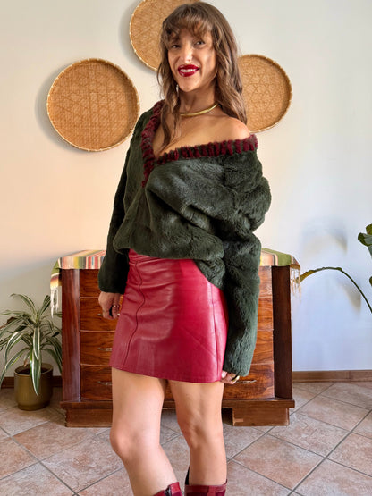 1970's vintage dark green and burgundy fur textured pullover