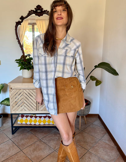 1990's vintage light blue, cream and beige western pearl snap shirt
