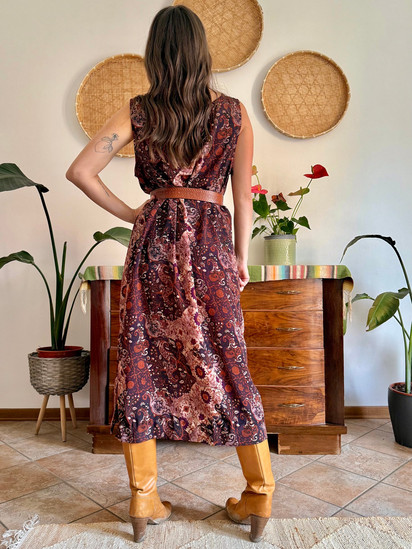 1990’s vintage burgundy, pink and orange floral paisley print maxi dress