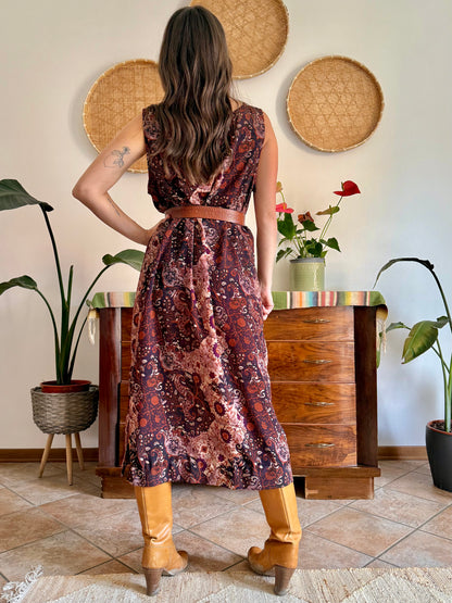 1990’s vintage burgundy, pink and orange floral paisley print maxi dress