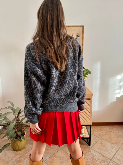 1970's grey wool pullover with blue geometric knit pattern and pocket detail