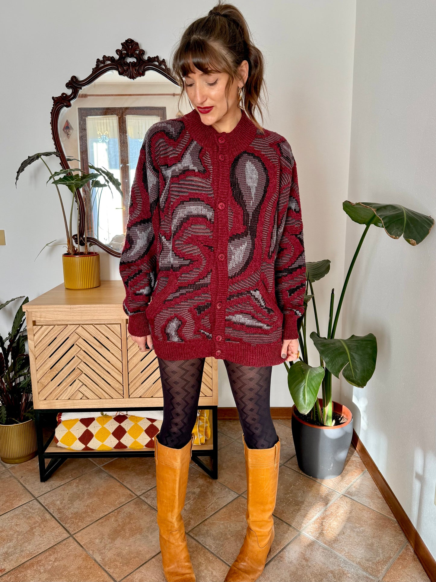 1970’s vintage burgundy, grey and black knit dress