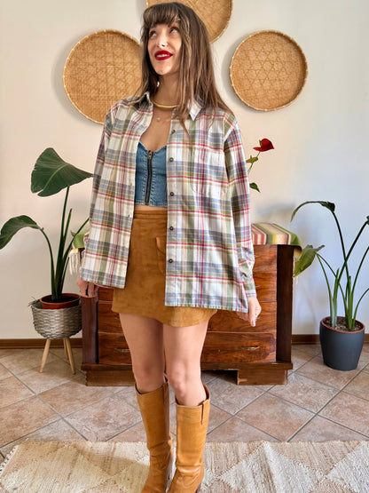 1970's vintage red, green and cream textured western style plaid button down shirt