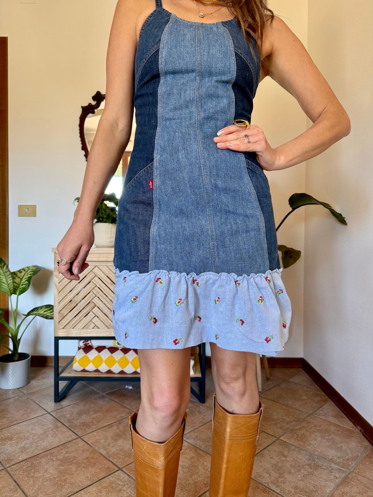 Y2k vintage denim Levi's mini dress with floral embroidery ruffle trim
