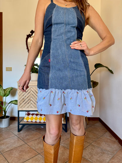 Y2k vintage denim Levi's mini dress with floral embroidery ruffle trim