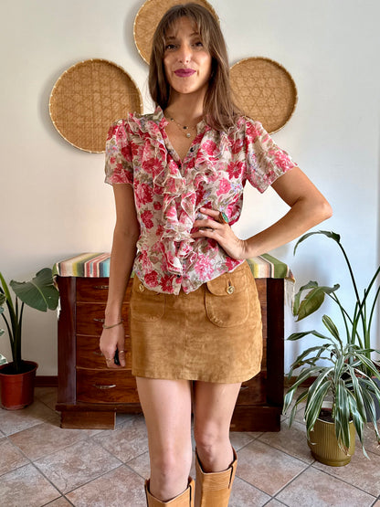 Y2K vintage pink floral ruffle silk blouse