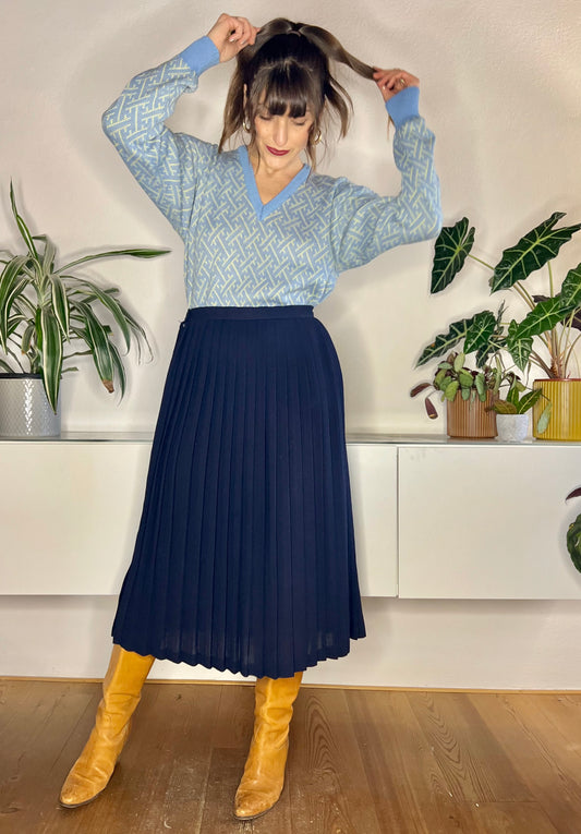 1970's vintage navy blue wool blend pleated midi skirt