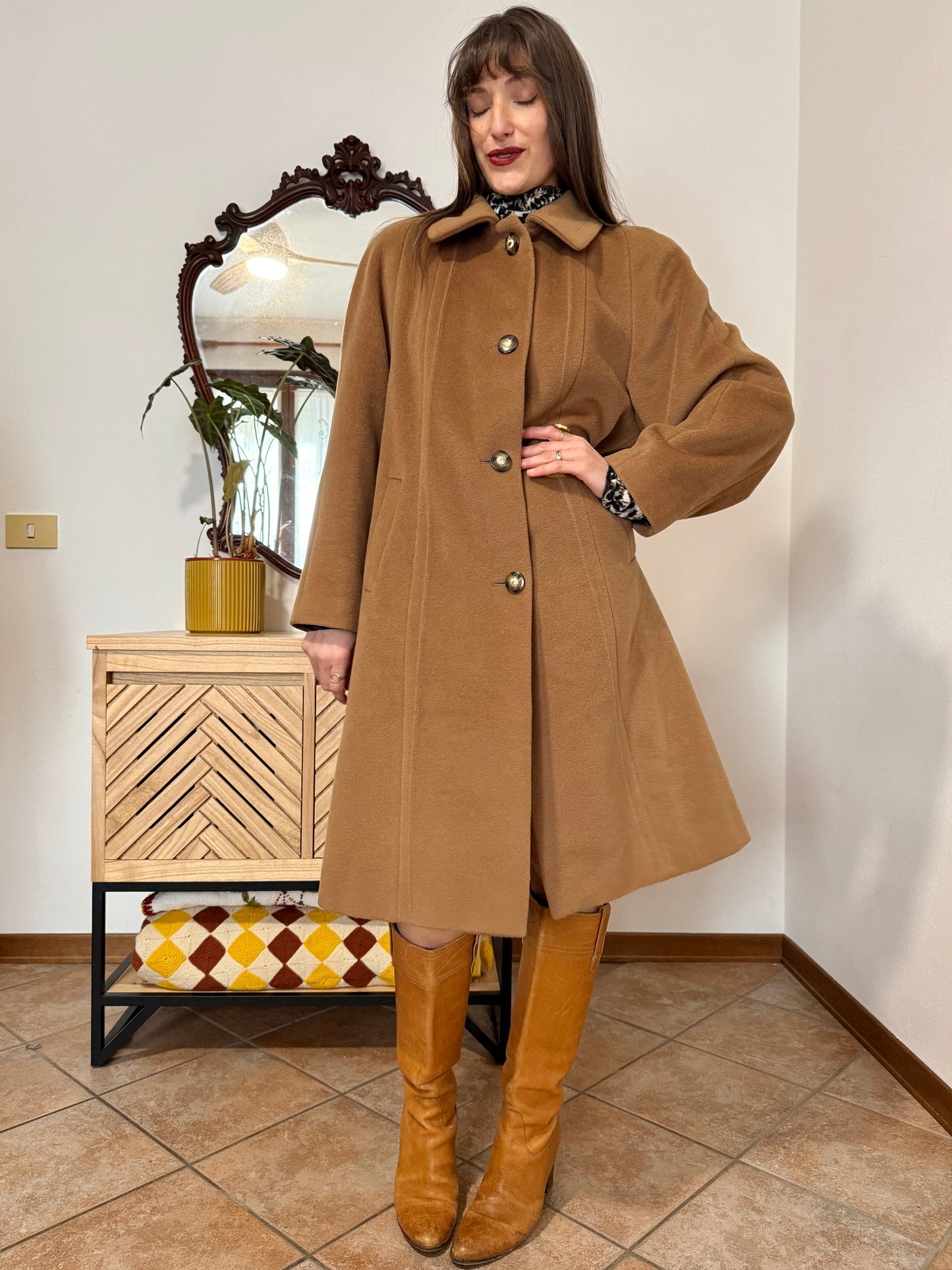 1970’s vintage tan wool overcoat with oversize button details