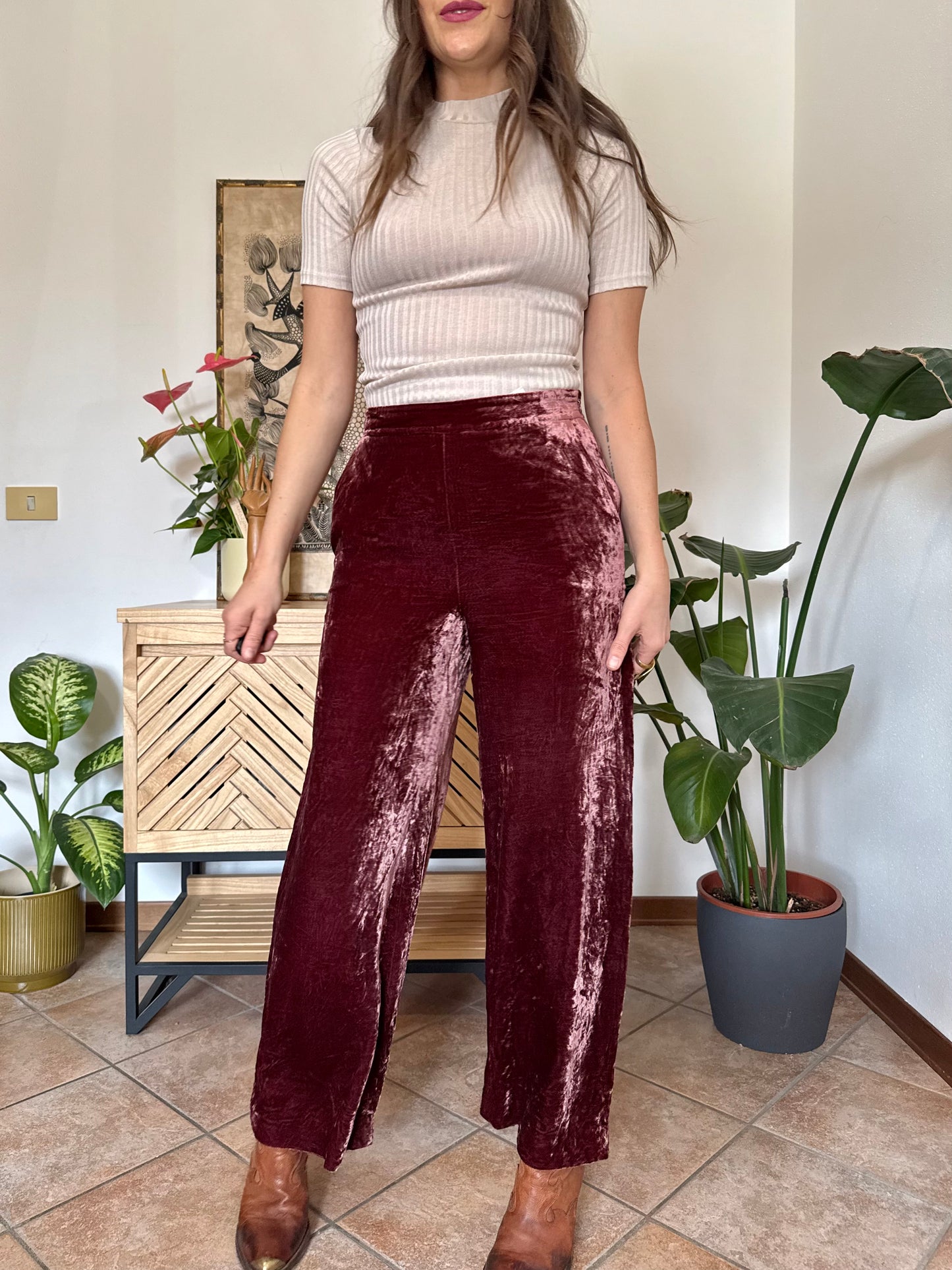 Burgundy crushed velvet wide leg trousers