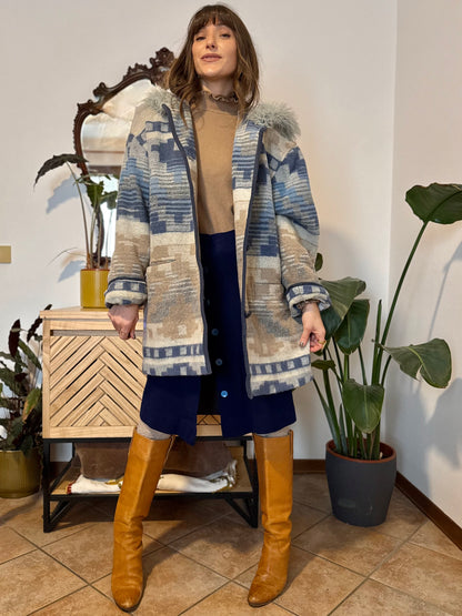 1990's vintage blue and tan Aztec pattern wool coat