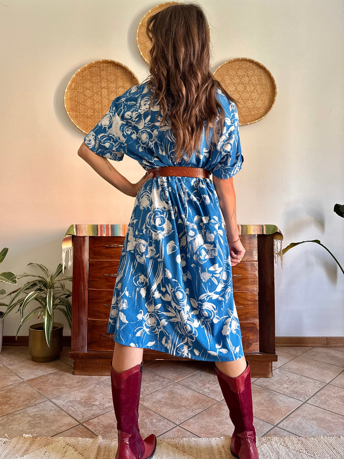 1960's vintage blue and cream floral silk midi dress