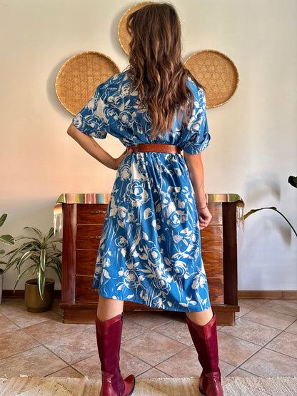 1960's vintage blue and cream floral silk midi dress