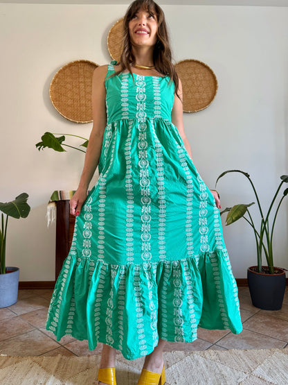 Y2K vintage green prairie maxi dress with white floral embroidery