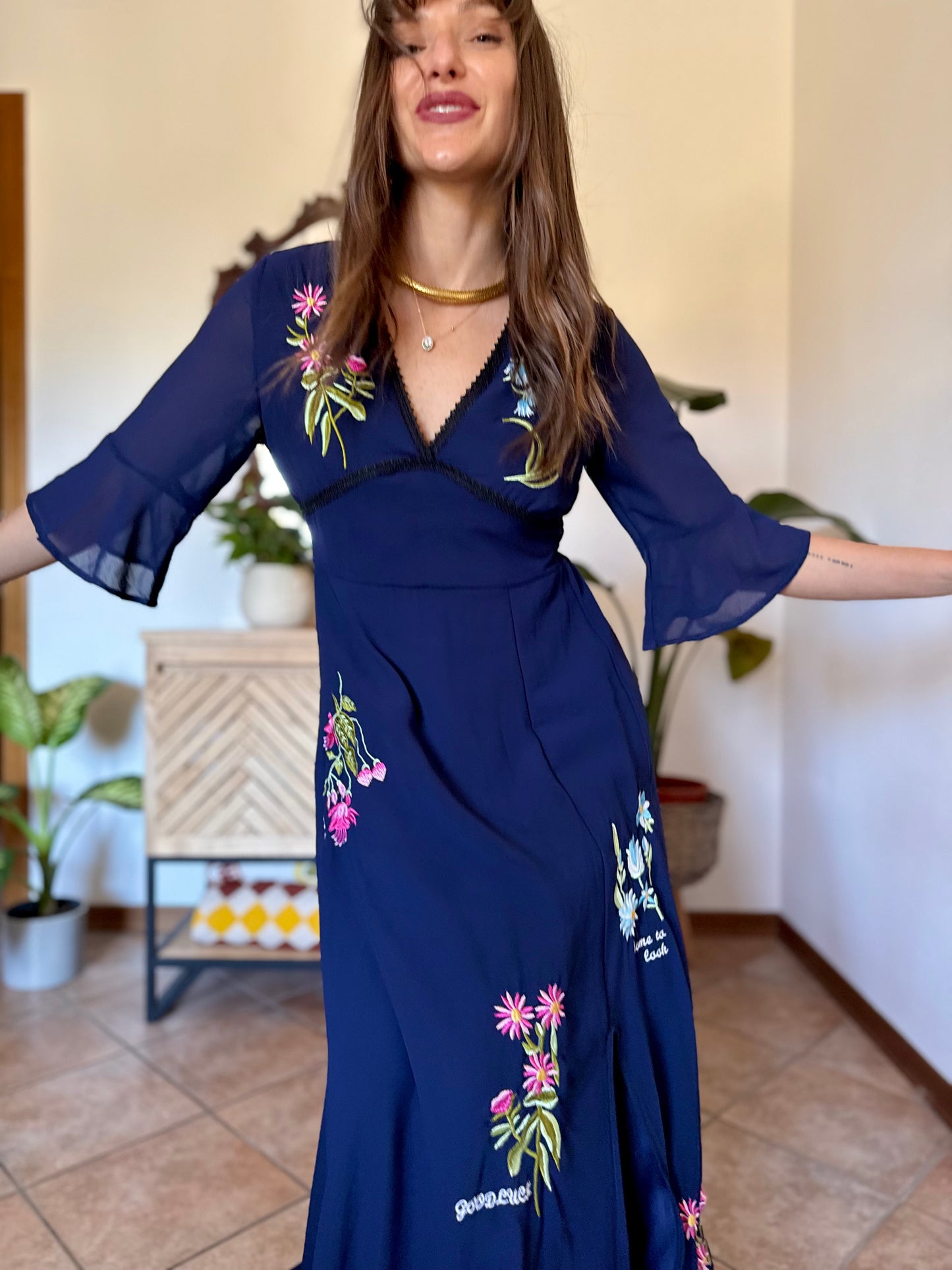 Y2k vintage navy blue belle sleeve maxi dress with floral embroidery