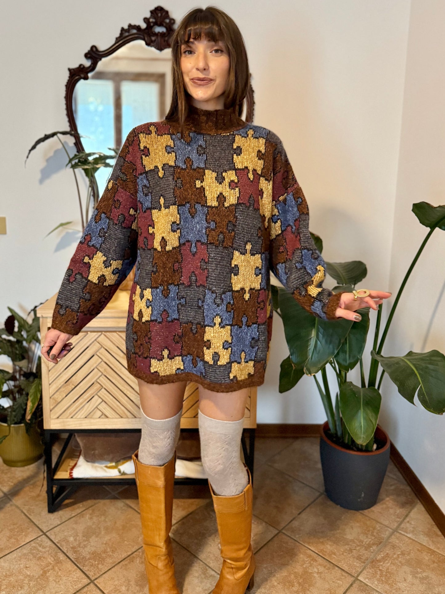 1970's vintage chocolate brown, yellow, blue and burgundy puzzle pattern knit wool pullover