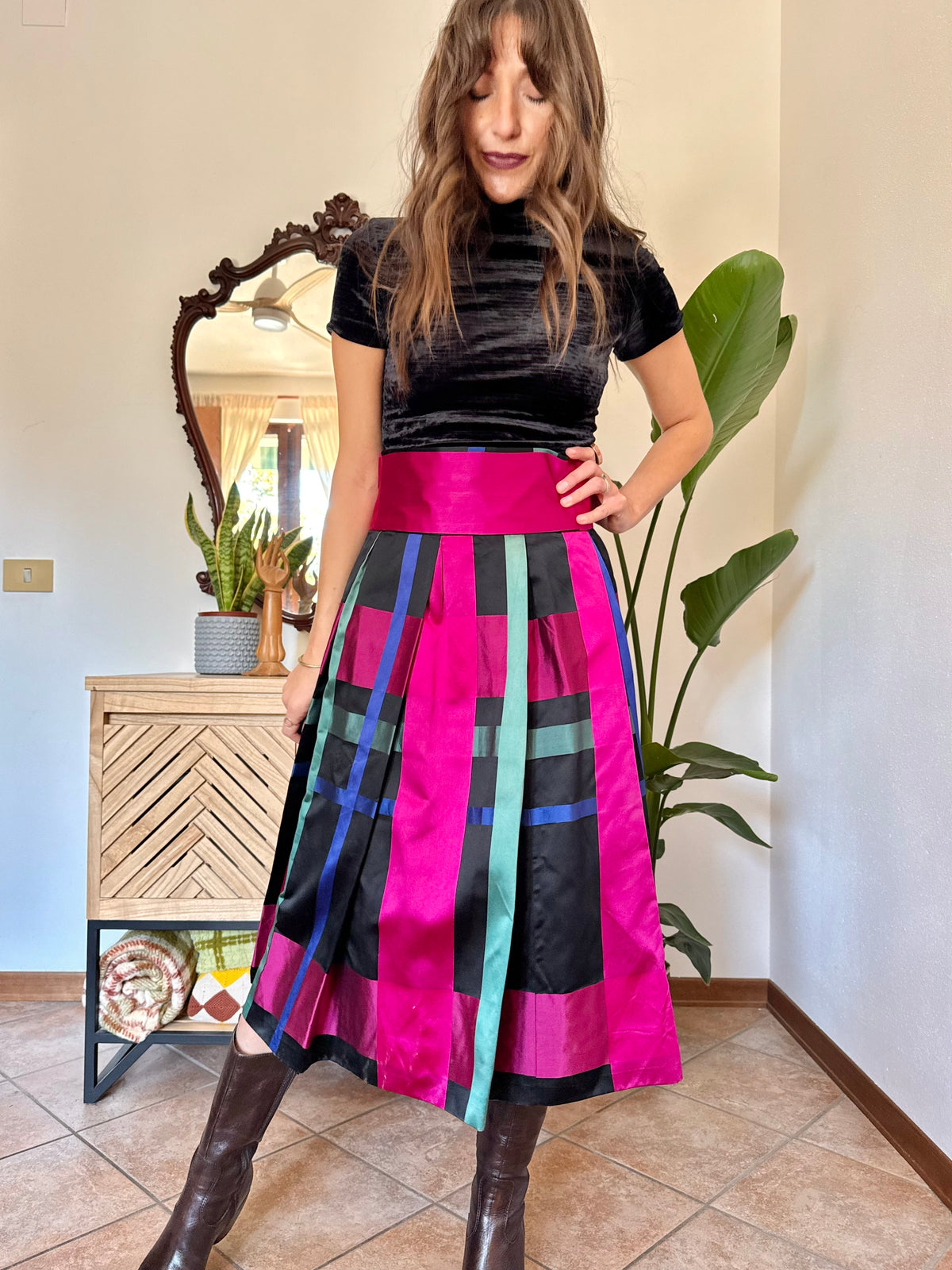 1970’s vintage black, fuchsia,green and blue plaid satin midi skirt