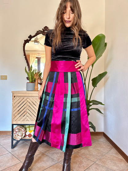 1970’s vintage black, fuchsia,green and blue plaid satin midi skirt