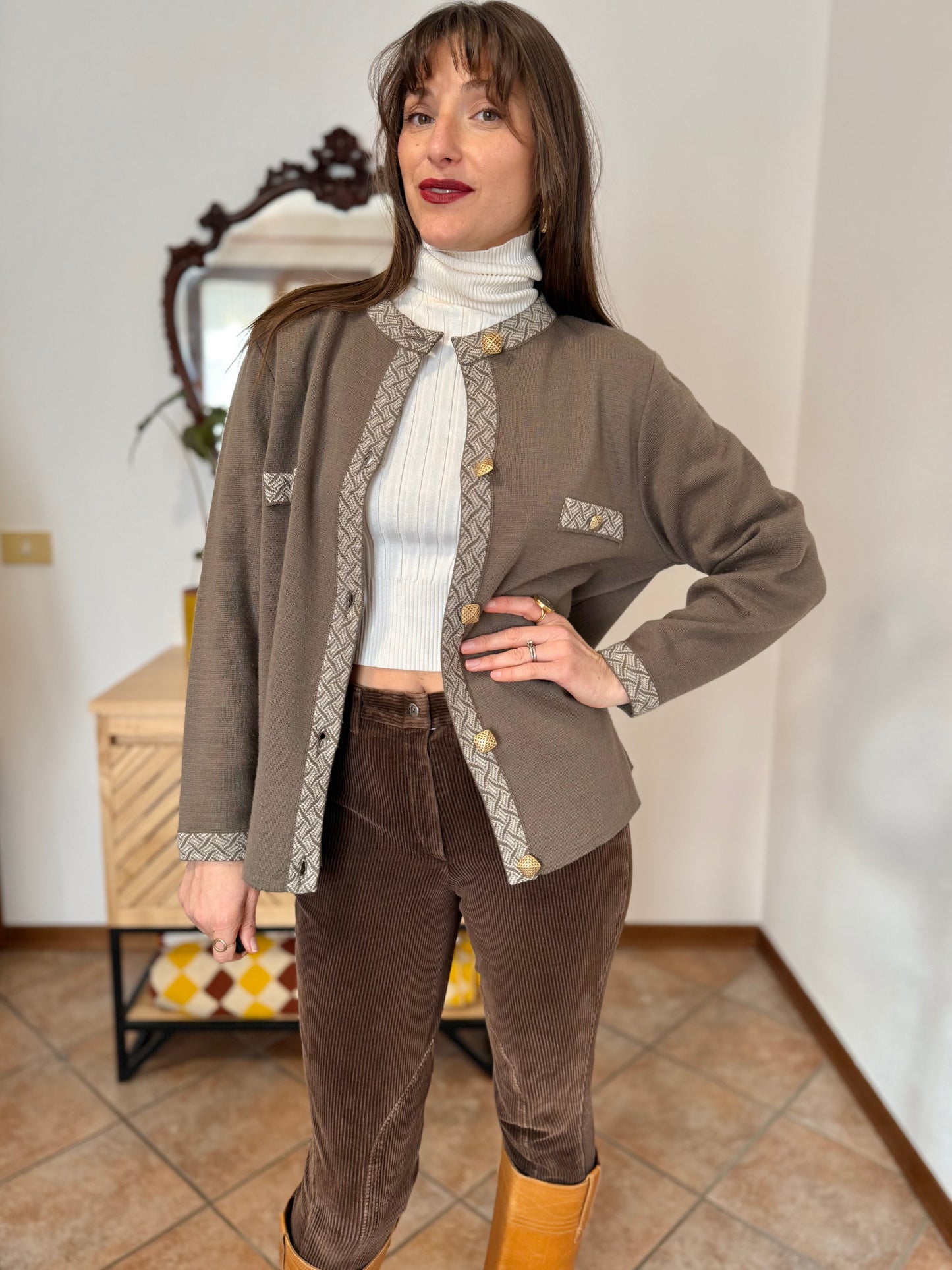 1980's vintage khaki wool cardigan with cream geometric knit pattern and square brass buttons