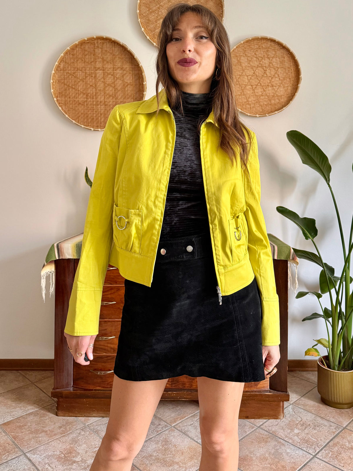Y2K vintage chartreuse jacket with silver metal details