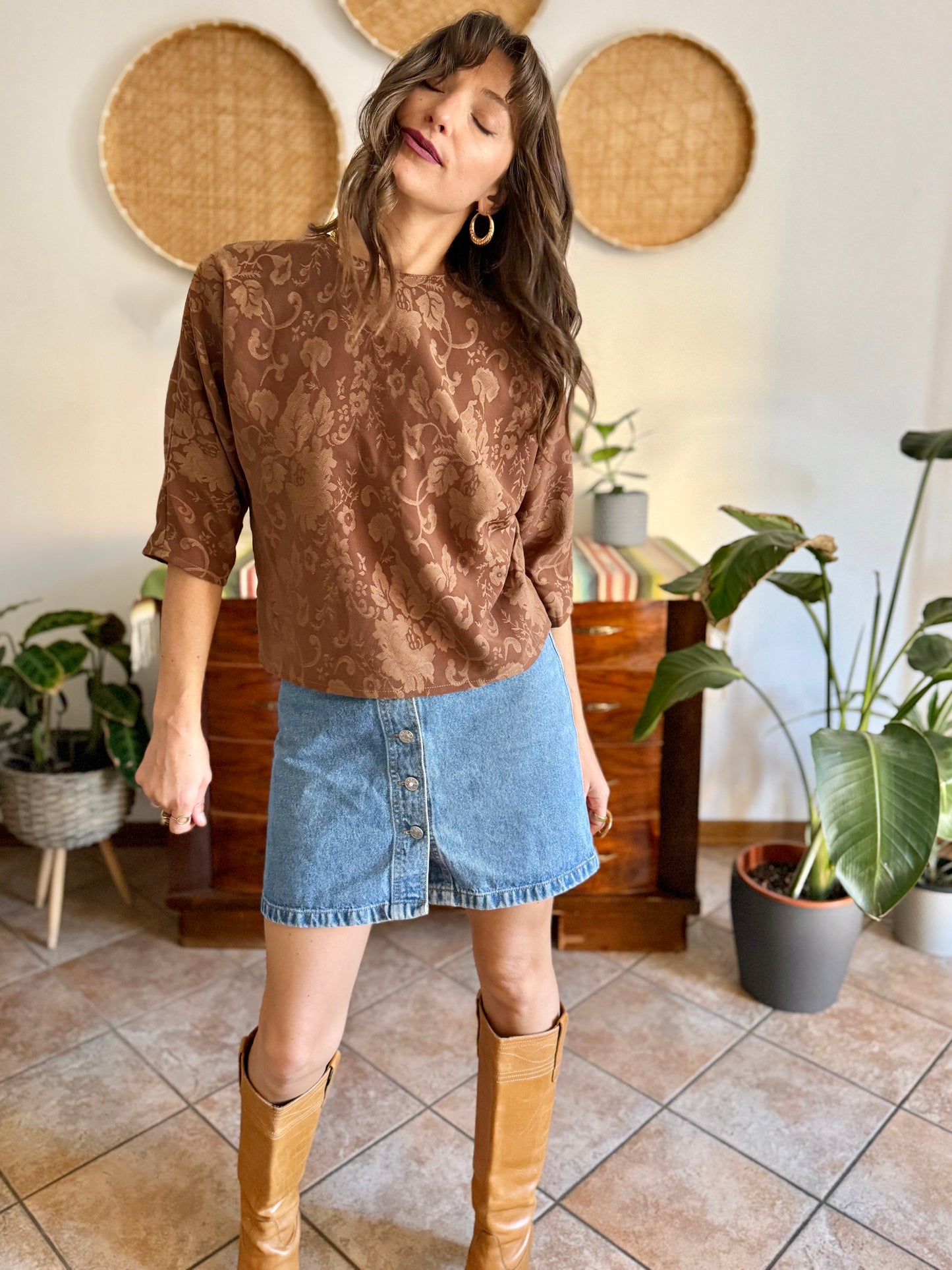 1970's vintage brown woven floral tapestry blouse