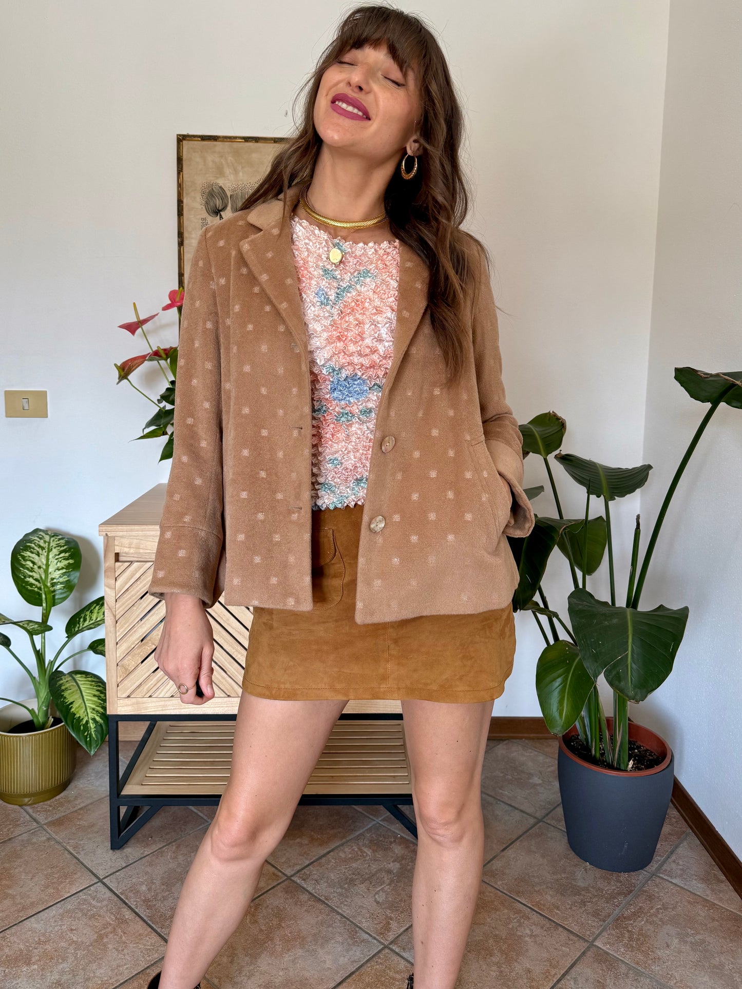 1990’s vintage tan cashmere jacket with metallic square woven pattern