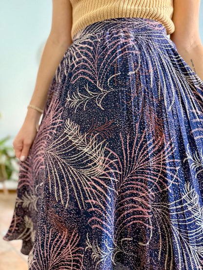 1970's vintage navy blue silk skirt with pink and cream abstract print