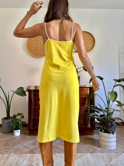 1990’s vintage canary yellow woven cotton midi dress with white stripe detailing
