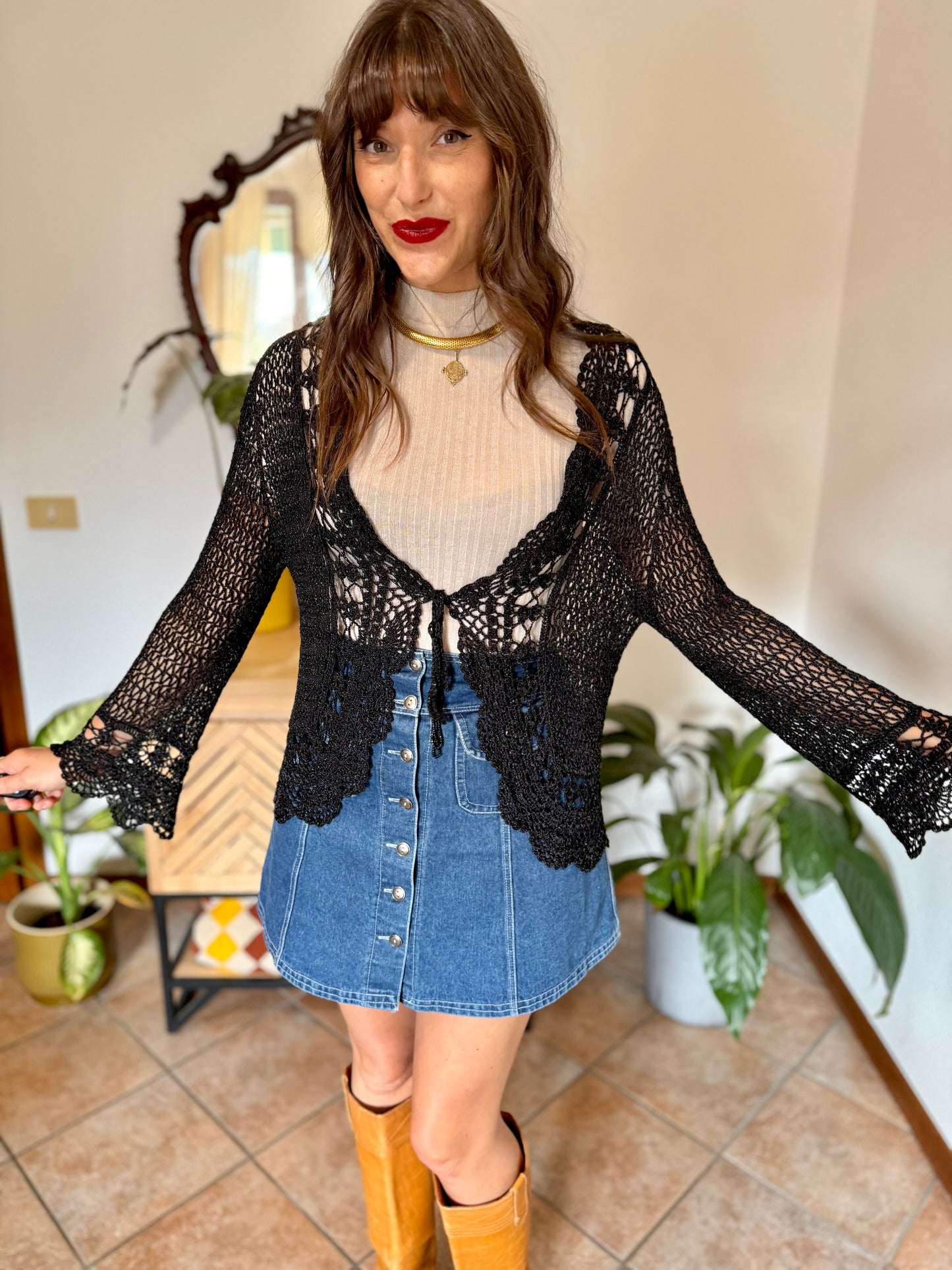 Y2k vintage black bell sleeve crocheted cardigan with silver thread accents