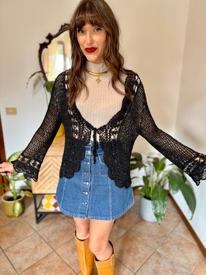 Y2k vintage black bell sleeve crocheted cardigan with silver thread accents