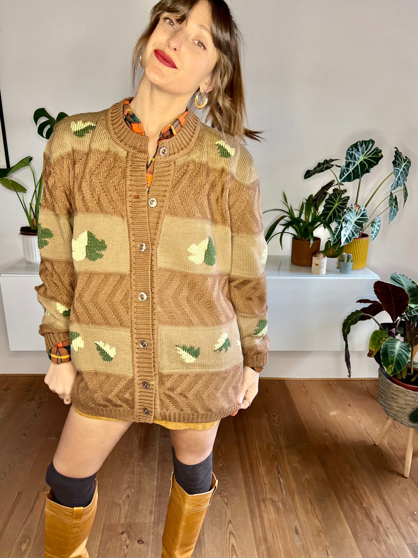 1970's vintage oversize tan trip knit cardigan with green leaf knit pattern
